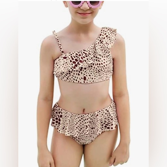 ⛱️imesrun Two Piece Ruffles Cheetah Print Swimsuit Size 8⛱️ NIB - Picture 1 of 8